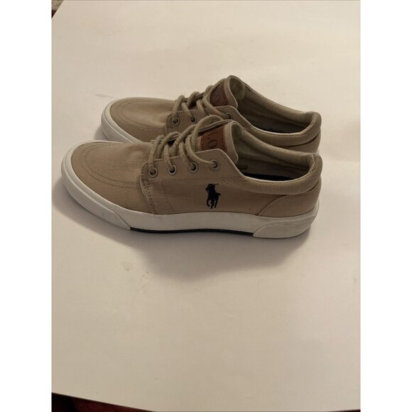 Boys Tan Polo Ralph Lauren Lace Up Canvas Sneaker Dress Shoes Size 4Y Logo - Picture 3 of 16